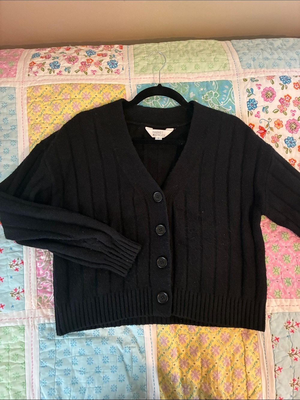 Market & Spruce Black Ribbed V-Neck Button Cardigan